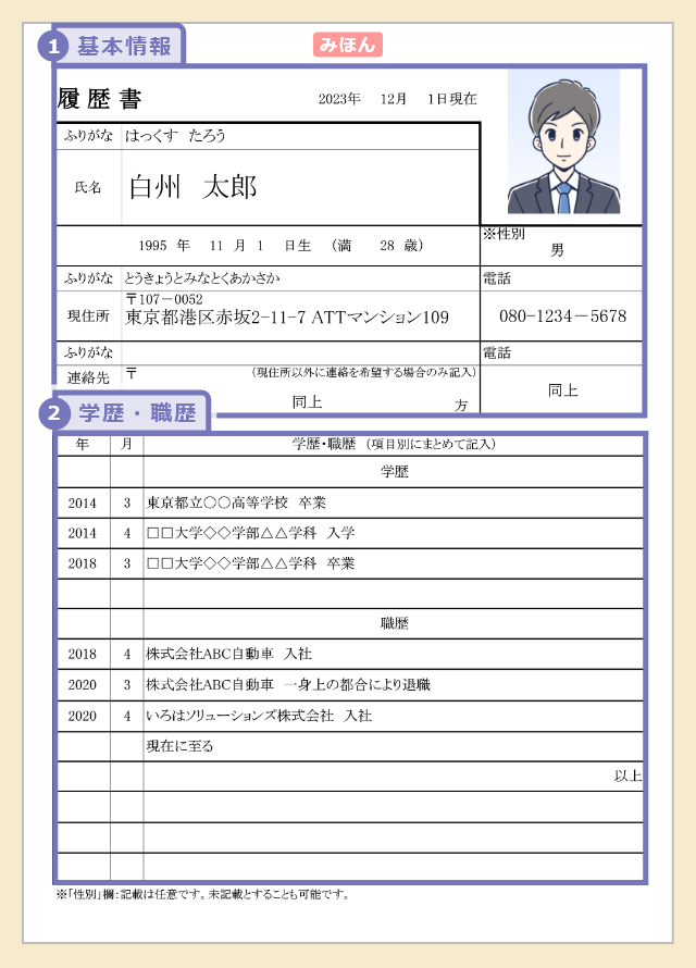 転職の履歴書の見本・記入例(左側)