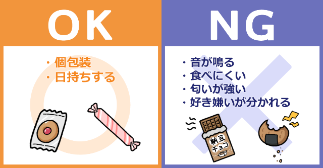 退職時に配るお菓子:OK→個包装、日持ちする。NG→音が鳴る、食べにくい、においが強い、好き嫌いが分かれる